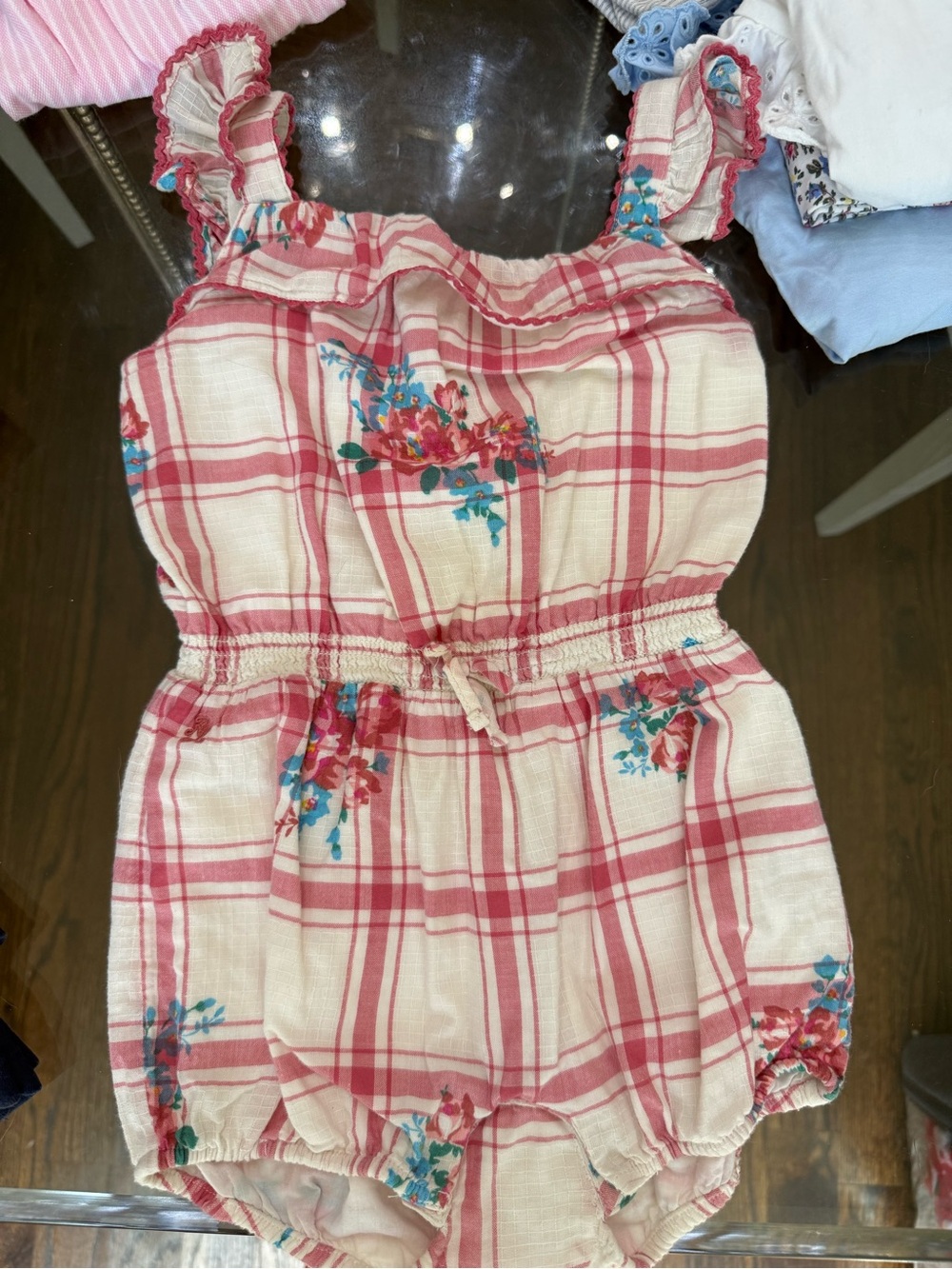 Polo by Ralph Lauren Pink Plaid Floral Girls Romper